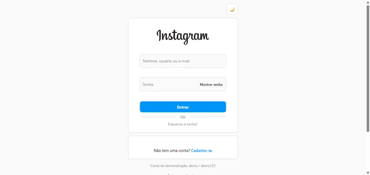 Tela do mini-app Instagram com login, cadastro e feed